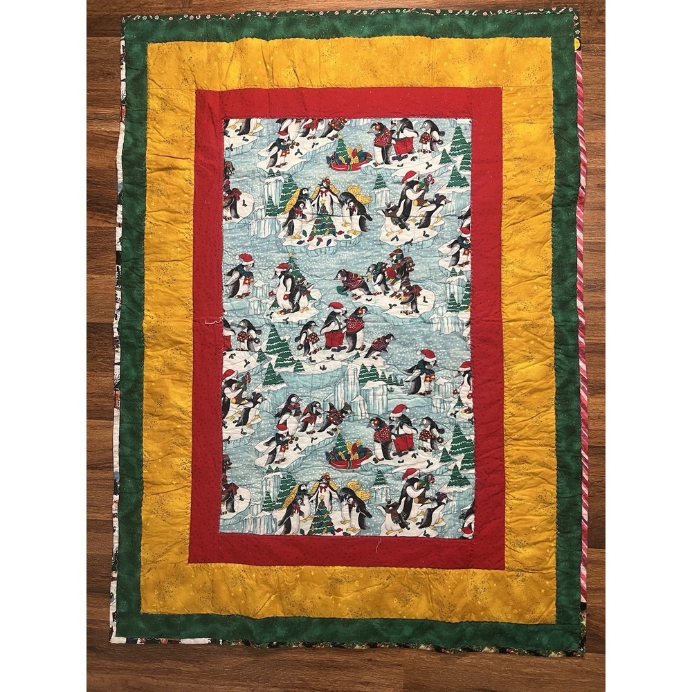 Handmade Piece By Piece Quilters Penguins Christmas Quilt 48" X 36"